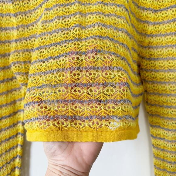 Zara Yellow Gold and Purple Striped Pointelle Knit Crochet Cropped Sweater L - Picture 6 of 8